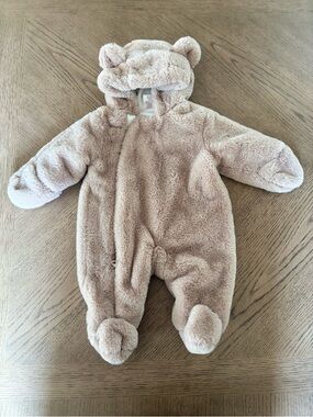 Plush Baby One-Piece with Bear Hood - Cream